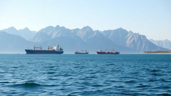Serene cargo ships at sea with mountain backdrop, financial news.