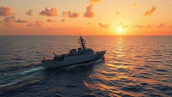 Calm sea with naval vessel at sunset, Project Freedom Strait of Hormuz.