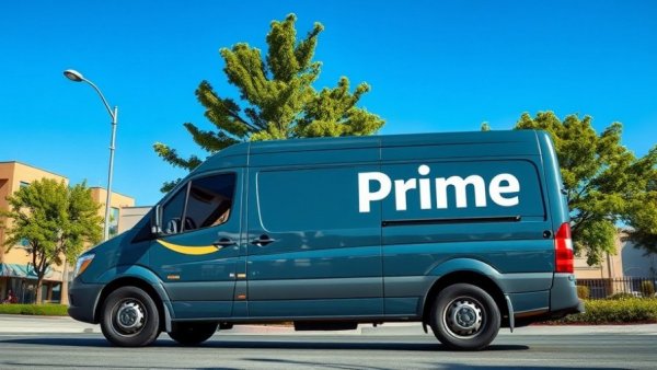 Amazon Prime van under sunny sky, green trees reflected.