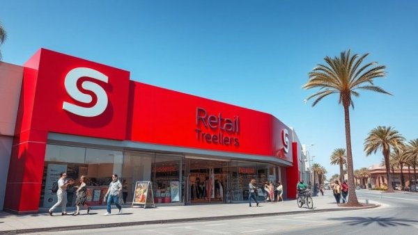 Modern retail store with red facade and logo under blue sky