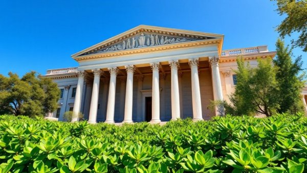 Majestic Treasury building with grand columns, lush greenery.