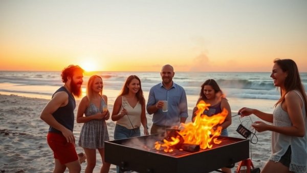 Colleagues enjoy a beach barbecue, unique corporate outing idea.