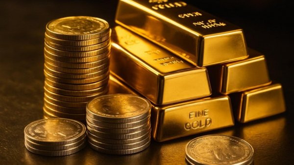 Luxurious display of gold and silver bars and coins for gold price updates.