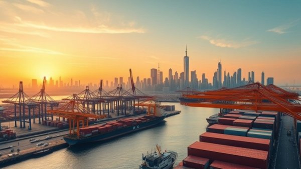 Chinese export growth rebounds depicted in vibrant port scene.