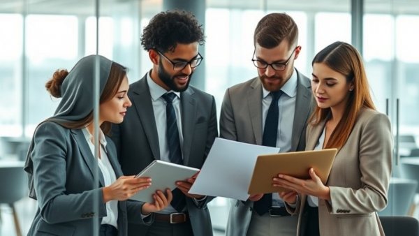 Business professionals discussing successful investor strategies in an office.