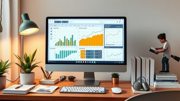 Cartoon workspace for free online bookkeeping courses, featuring computer and finances.