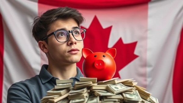 Canada Strong Fund concept with man, piggy bank, and Canadian flag.