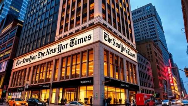 The New York Times building lit up at night, showcasing investment opportunities.