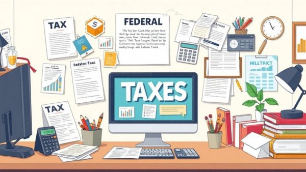 Illustration of different types of federal taxes in a home office setup.