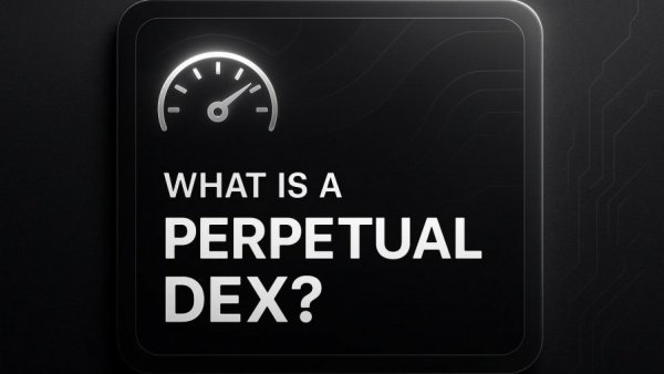 Explanation of perpetual DEX market with digital cards and text