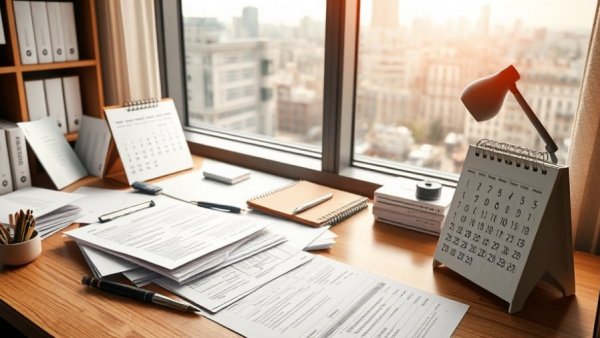 Organized workspace showing tax forms, fitting for a small business's tax filing deadlines.