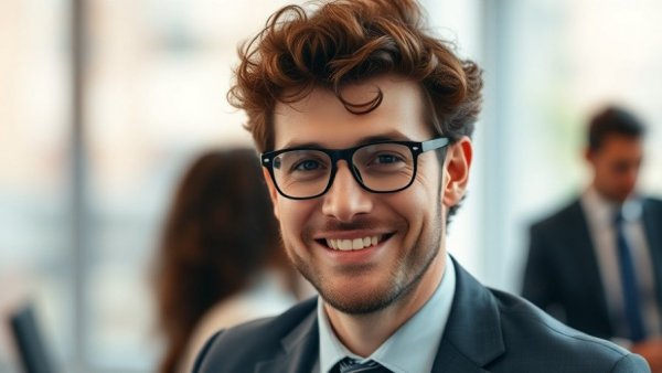 Business professional with glasses smiling, AI in Business theme.