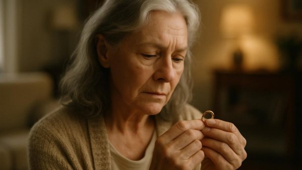 Reflective older woman holding ring, financial strategies for widows.