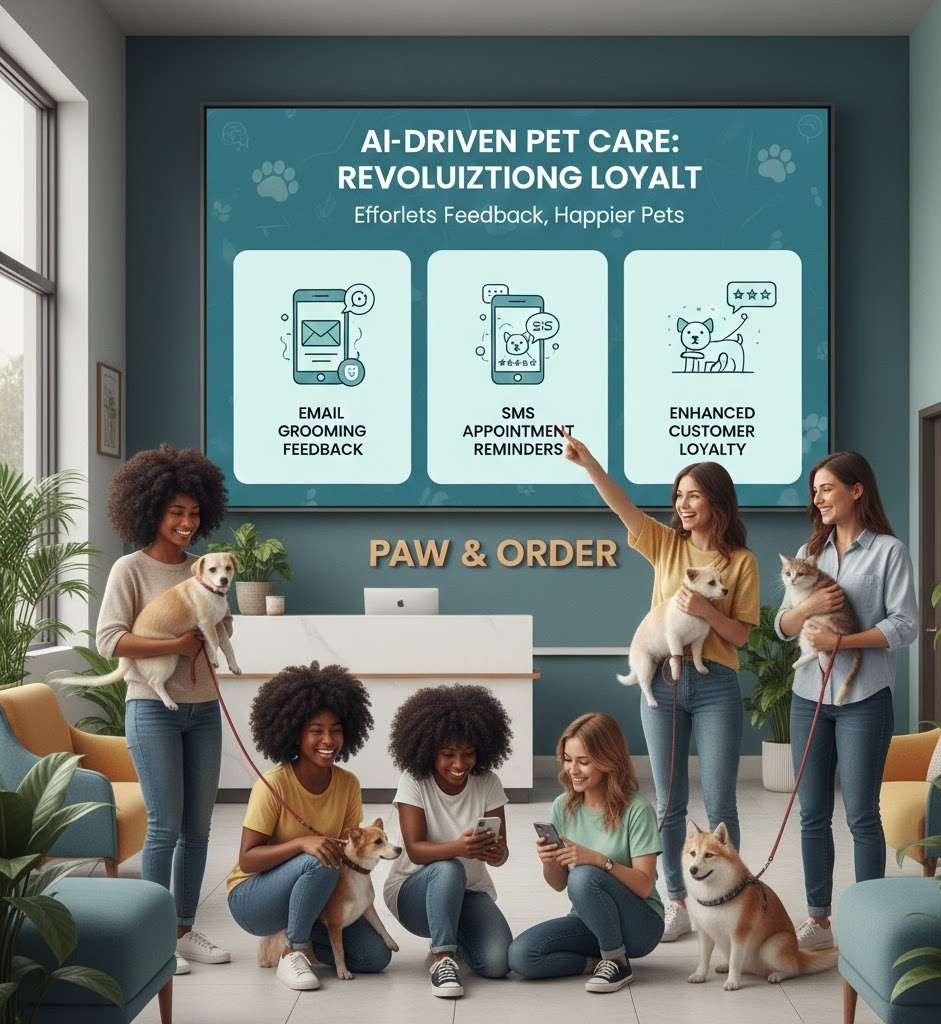 AI for Pet Services review interface for grooming feedback via email and SMS.