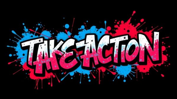 Colorful 'Take Action' graffiti text with blue and red splatters.
