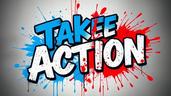 Graffiti-style text art reading 'Take Action', half blue and red.