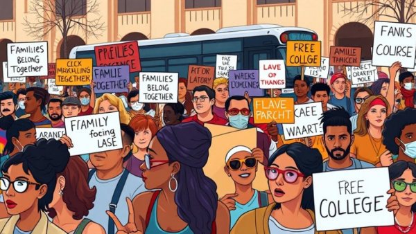 Diverse illustrated protest against ICE with signs like 'Families Belong Together'.