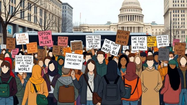 Diverse protest group holding social issue signs in urban setting, Cartoon style.