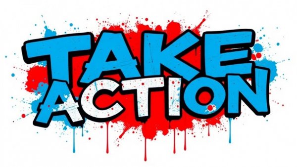 Vibrant graffiti art protest sign, TAKE ACTION, blue and red splatters.
