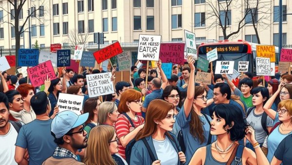Illustrated protest crowd with signs, urban setting.