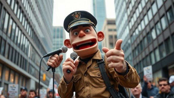 Protest against AT&T ICE contracts with puppet and protester in urban setting.