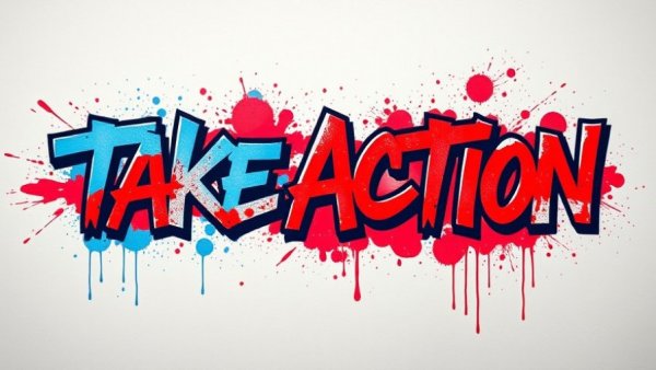Graffiti text 'Take Action' in red and blue paint splatter style.