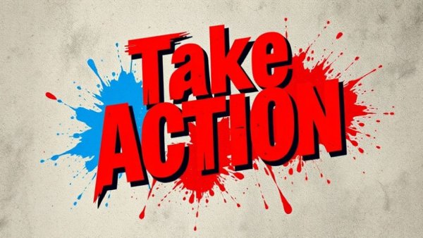 Bold 'Take Action' graphic text in spray paint style.