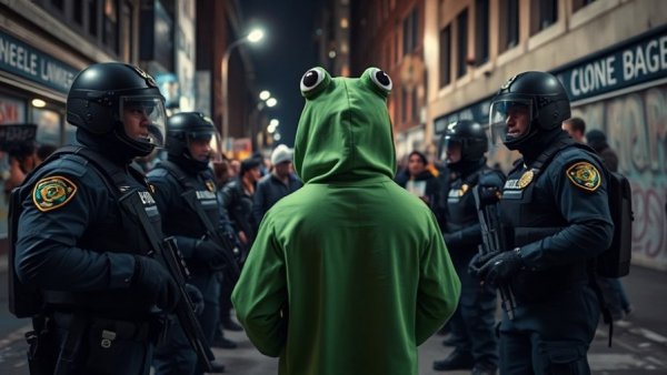 Protester in frog costume confronts police at night protest, Trump Nationalize Elections