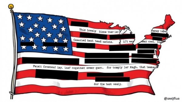 Political cartoon of a redacted American flag, mockery and civil liberties activism.