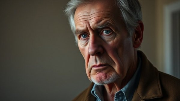 Serious older man indoors, focused expression, subtle lighting.
