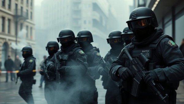 ICE officers in tactical gear in foggy urban setting highlighting ICE brutal treatment of immigrants.