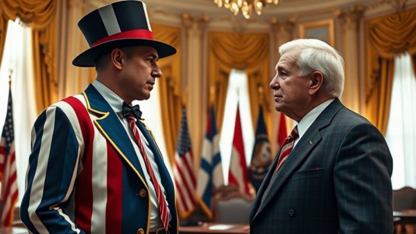 Photorealistic image of two men in a formal setting talking, superbowl halftime show.