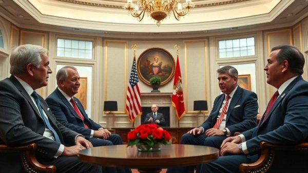 Distinguished men in formal meeting with flags in office, superbowl.