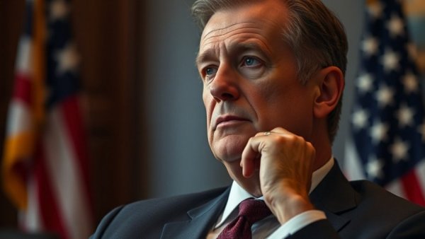 An individual in a suit against an American flag background, referencing Trump Epstein connection.