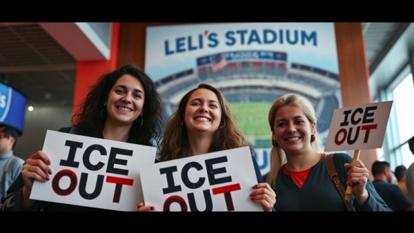 Protestors holding 'ICE OUT' signs at Super Bowl event.