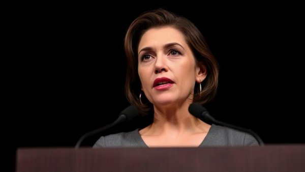 Confident woman speaking at podium related to Trump Deportation Trains.