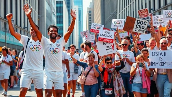 Contrasting scenes at Olympics with athletes and protestors.
