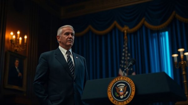 Politician near a podium refuses to apologize in dimly lit room.