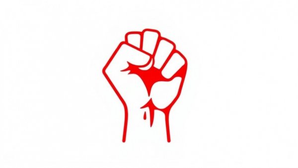 Stylized red fist on white background symbolizing resistance and solidarity.