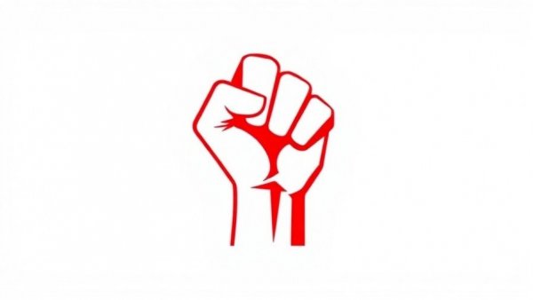 Abstract red fist symbolizing protest, simple design, vivid on white background.