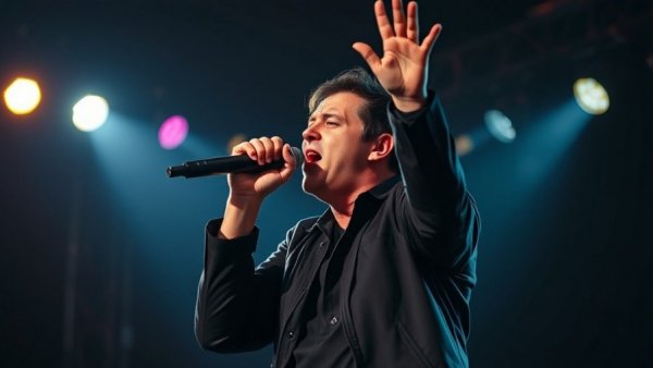 Dynamic Kid Rock alternative halftime show performer energetically singing on stage.