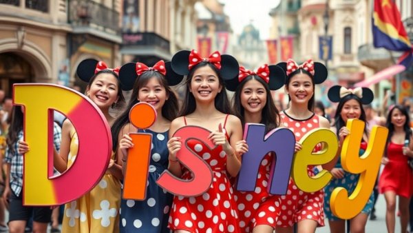 Group celebrating with Disney letters at a lively parade.