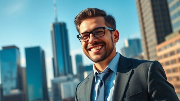 Confident man in suit with blurry city background, related to gay rights news.