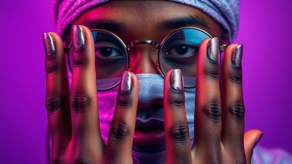 Close-up of person with silver durag and expressive gaze amid colorful lighting.