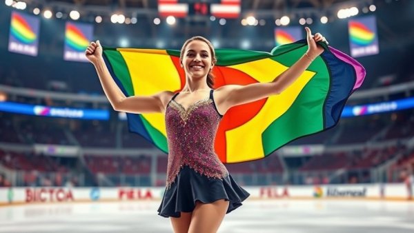 LGBTQ+ Olympian celebrating with Pride flag in ice rink, highlighting advocacy.