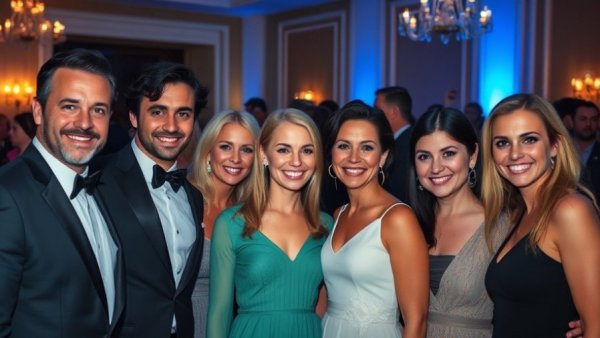 Group of people at a formal event sharing coming out stories, smiling confidently.
