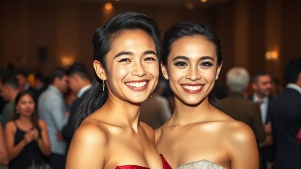 Young couple dressed formally smiling at a festive event.
