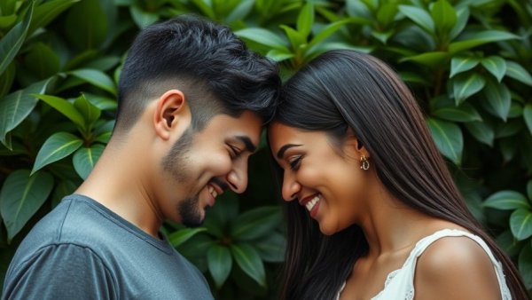Affectionate couple against green leaves, showing unity and harmony.