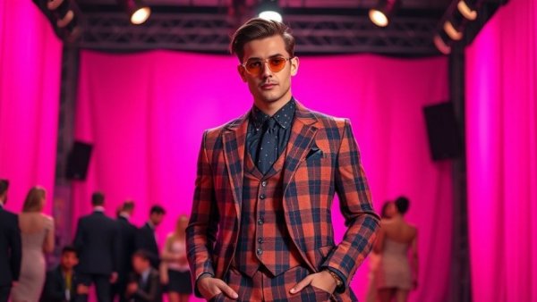 Stylish individual in plaid suit, LGBTQ+ advocacy support event.