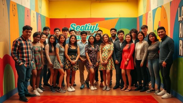 Diverse group standing in colorful room showcasing LGBTQ rights.